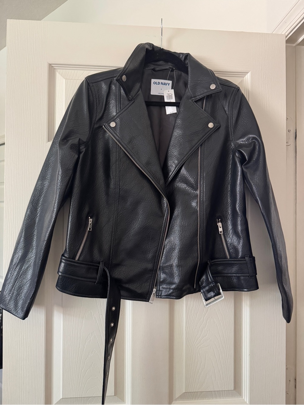 Old Navy Black Faux Leather Moto Jacket with Belt